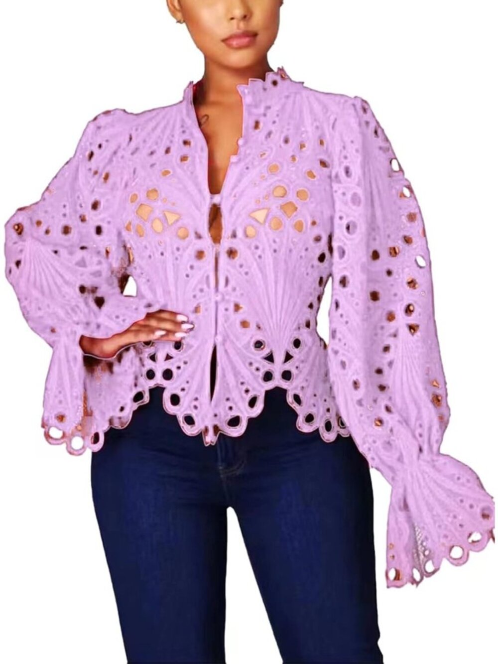 🆕Women’s Pink Lace Ruffle Puff Long Sleeve Button Down Tops Flare Tunic